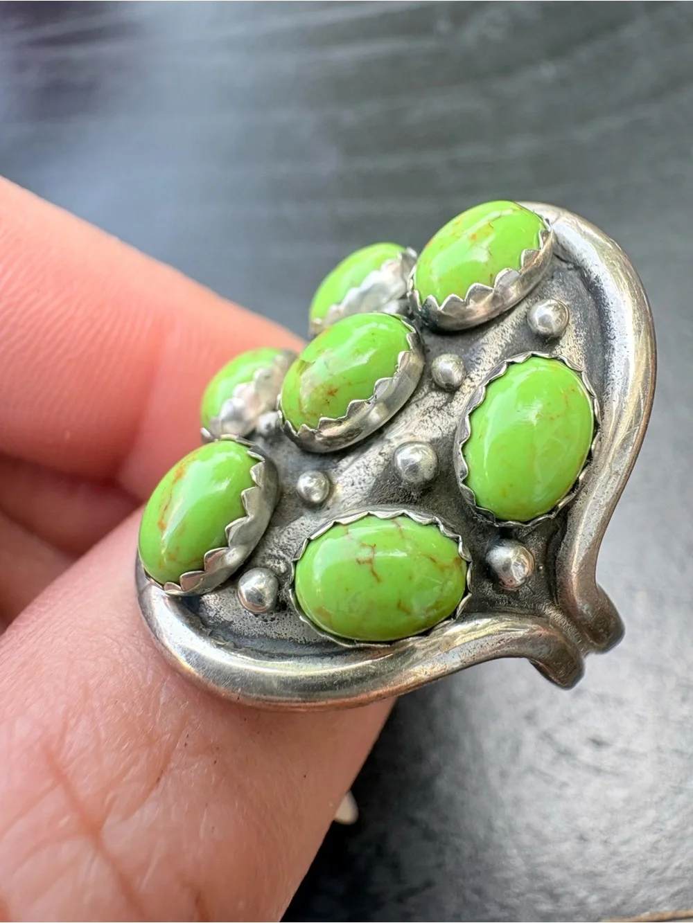 Vintage Sterling Silver Green Turquoise Cluster Ring  - Size 8.25